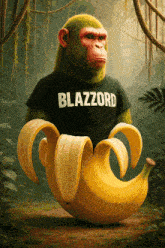 a green monkey wearing a black shirt that says blazzard is holding a banana