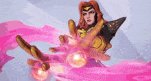 a woman in a costume is holding a pink object in her hands .