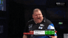 a man playing darts with a scoreboard that says ' bbc america ' on it