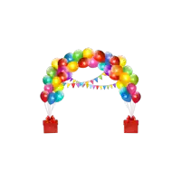 a bunch of colorful balloons are hanging from an arch