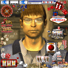 a computer screen shows a man surrounded by casino las vegas icons