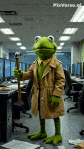 kermit the frog is holding a cane in an office with pixverse.ai written on the bottom