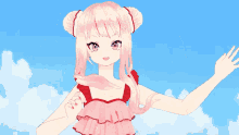 a girl in a pink dress is surrounded by red letters that say わ