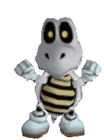 a skeleton turtle with a striped shell is dancing in a video game .