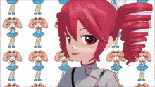a girl with red hair is standing in front of a pattern of cartoon characters