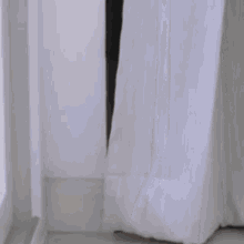 a close up of a person standing in front of a window with a white curtain .