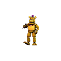 a yellow teddy bear with a purple top hat and a microphone