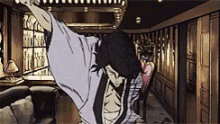 a cartoon of a man in a kimono dancing in a room .