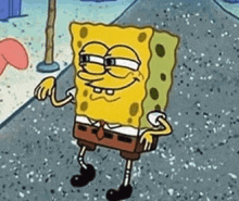 a cartoon of spongebob squarepants standing on a sidewalk with his arms outstretched .