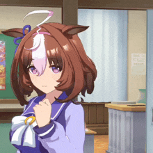 a girl with brown hair and purple eyes is standing in a classroom