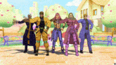 a group of cartoon characters standing next to each other in front of a house