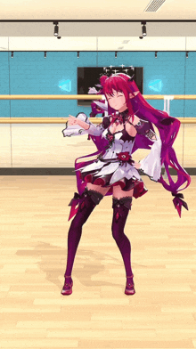 a girl with red hair is standing in a room