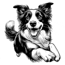 a black and white drawing of a smiling border collie dog .