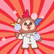 a cartoon drawing of a bear juggling lollipops on a red and pink background