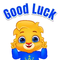 a cartoon lion in a blue shirt with the words good luck written above him
