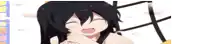 a girl with long black hair is smiling with her eyes closed ..