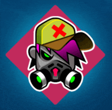 a cartoon character wearing a gas mask and a yellow hat with a red x on it