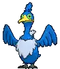 a blue bird with a yellow beak and green eyes is standing with its wings outstretched .