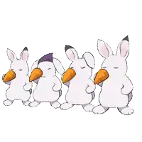 four white rabbits are standing in a row holding carrots in their mouths