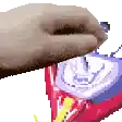 a pixel art of a person holding a bag of chips .