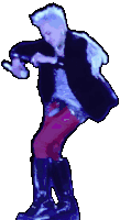 a man in a black jacket and purple pants dancing
