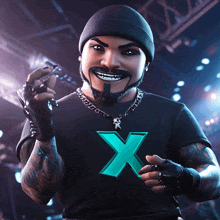 a man wearing a black shirt with a green x on the front