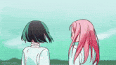 two anime girls with pink hair are standing next to each other .