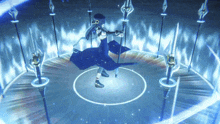 a girl in a blue cape is standing in a circle with spears
