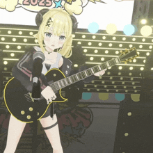 a girl playing a guitar in front of a sign that says 2025x