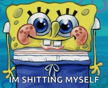 a picture of spongebob with the words im shitting myself
