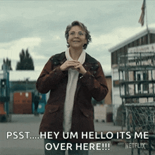 a woman in a brown jacket says psst hey um hello it 's me over here