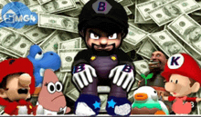 a group of cartoon characters are standing in front of a pile of money and one of them has the letter b on his hat