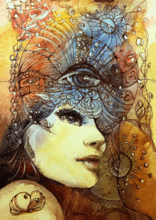 a painting of a woman 's face with a heart on her chest
