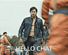 a man in a blue jacket is walking with the words hello chat written on the bottom