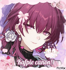 a picture of a girl with purple hair and kafpie canon written on it