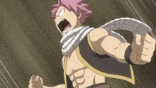 a man with pink hair and a scarf around his neck screams