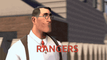 a man in a white shirt and suspenders is standing in front of the word rangers