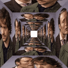 a row of men are lined up in a cube with a white square in the middle