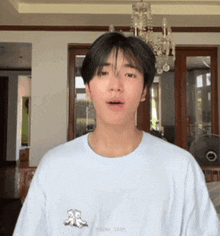a young man wearing a white t-shirt is standing in a room with a chandelier .