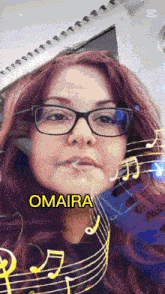 a woman wearing glasses and the name omaira is surrounded by music notes