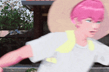 a cartoon character with pink hair and a yellow collar
