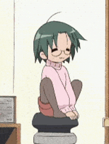 a cartoon girl with green hair is sitting on a stool with her legs crossed .