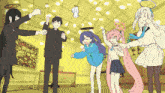 a group of anime characters are standing in a room with their arms outstretched