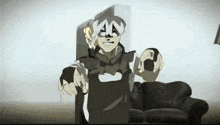 a cartoon character with an a on his face is pointing at the camera