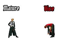 a cartoon of a woman and a man with the words " mature " and " vice "