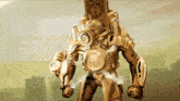 a robot with a clock on its head and a gun