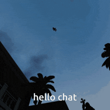 a picture of a building with the words hello chat written on it