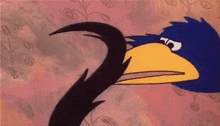 a cartoon bird with a long black tail and a yellow beak is looking at something .