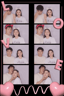 a man and a woman are posing for a photo in a photo booth with a pink heart and the letter e