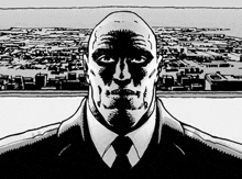 a black and white drawing of a man in a suit and tie with a city in the background